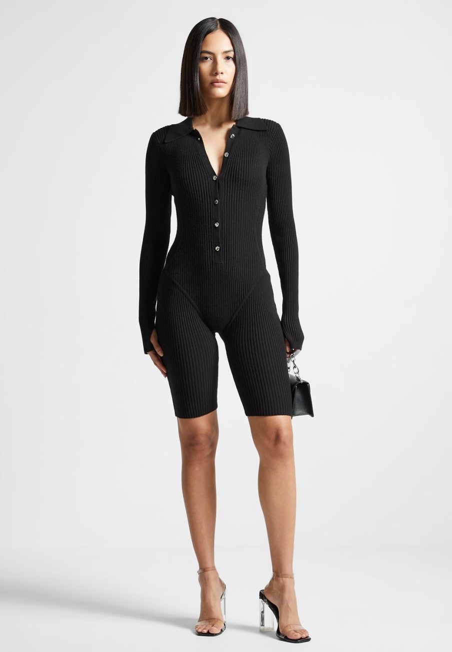 Maniere De Voir Ribbed Knit Long Sleeve Playsuit | Jumpsuits & Playsuits