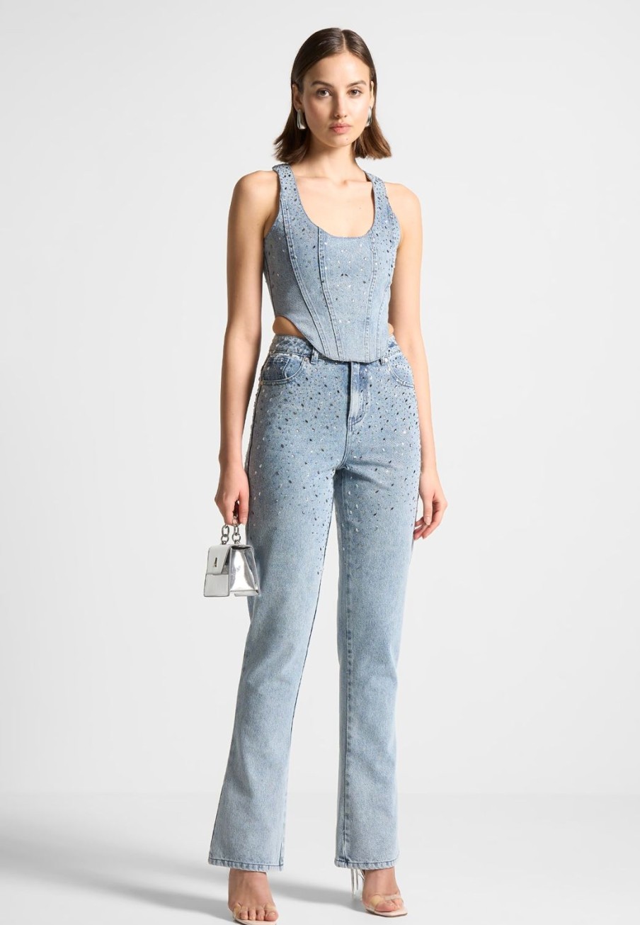 Maniere De Voir Scattered Rhinestone Mini Flare Jeans | Matching Sets