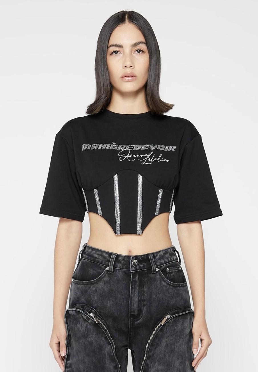 Maniere De Voir Rhinestone Lace Up Corset T-Shirt | Tops & T Shirts