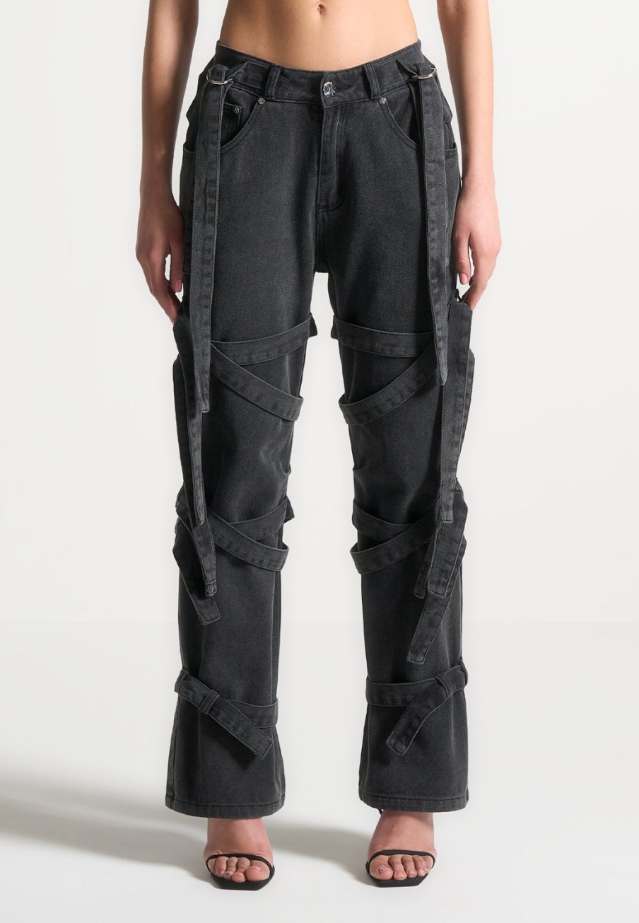 Maniere De Voir Denim Strap Cargo Jeans - Washed Black | Jeans