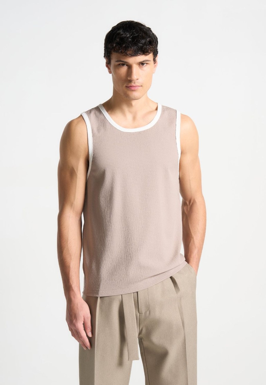 Maniere De Voir Seersucker Vest - Beige/White | T-Shirts & Tops