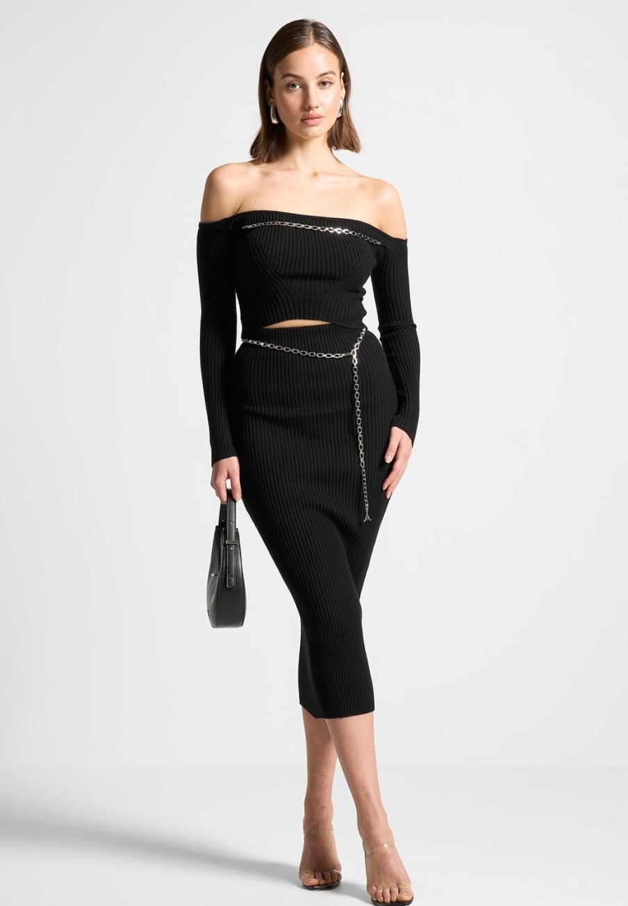 Maniere De Voir Ribbed Knit Midaxi Skirt With Chain Belt | Matching Sets