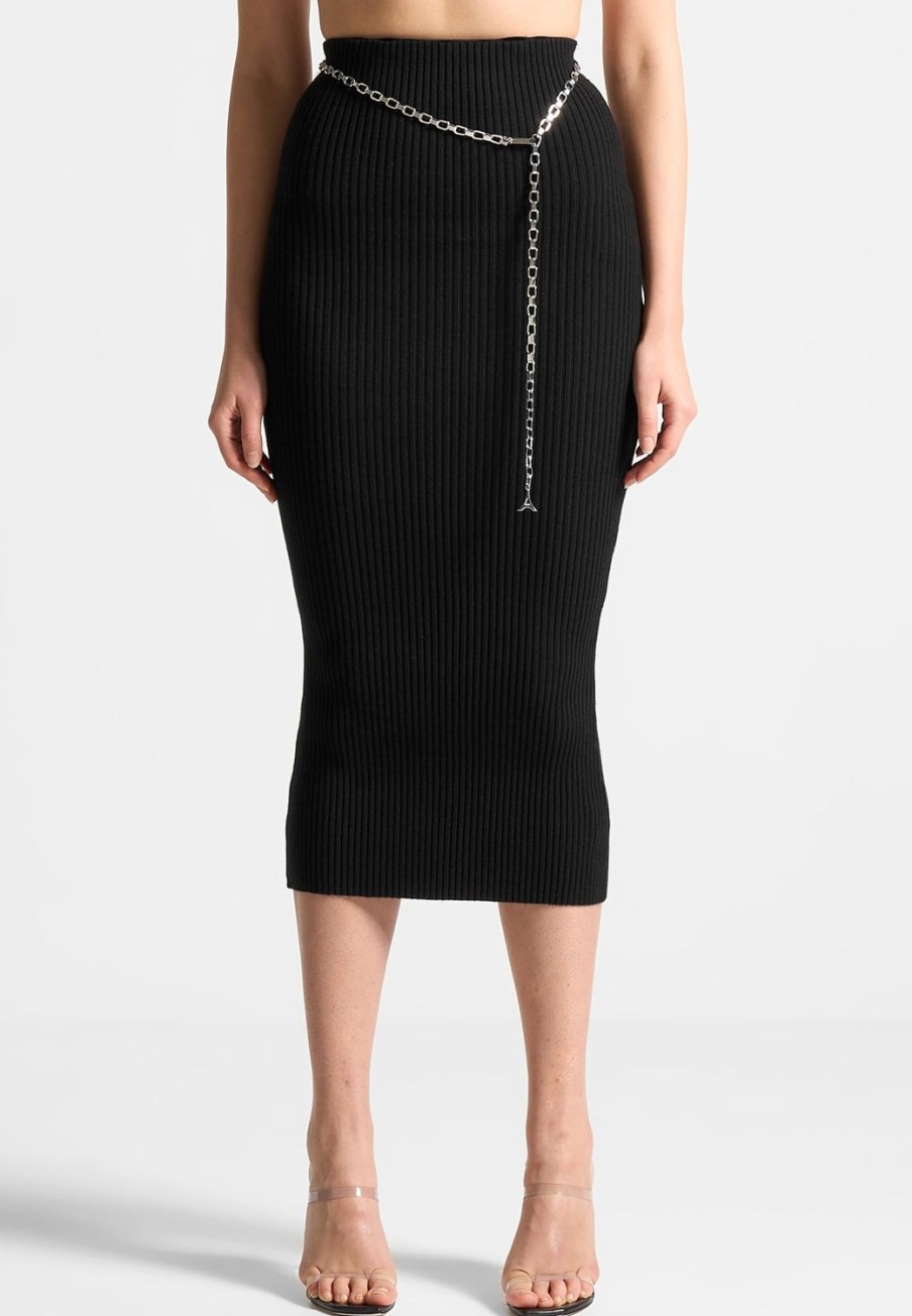 Maniere De Voir Ribbed Knit Midaxi Skirt With Chain Belt | Matching Sets