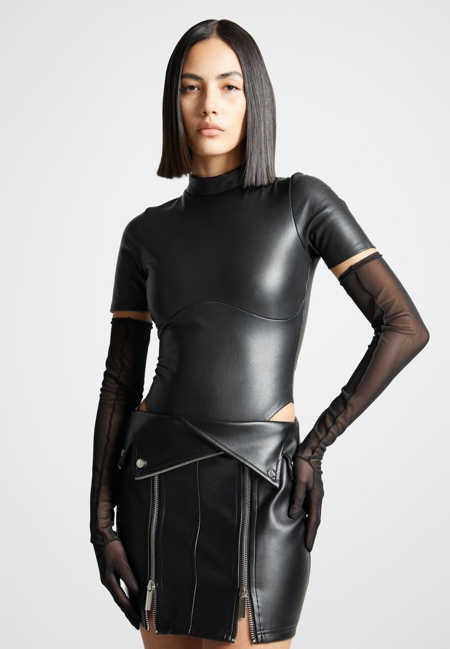 Maniere De Voir Vegan Leather Bodysuit With Mesh Gloves | Bodysuits