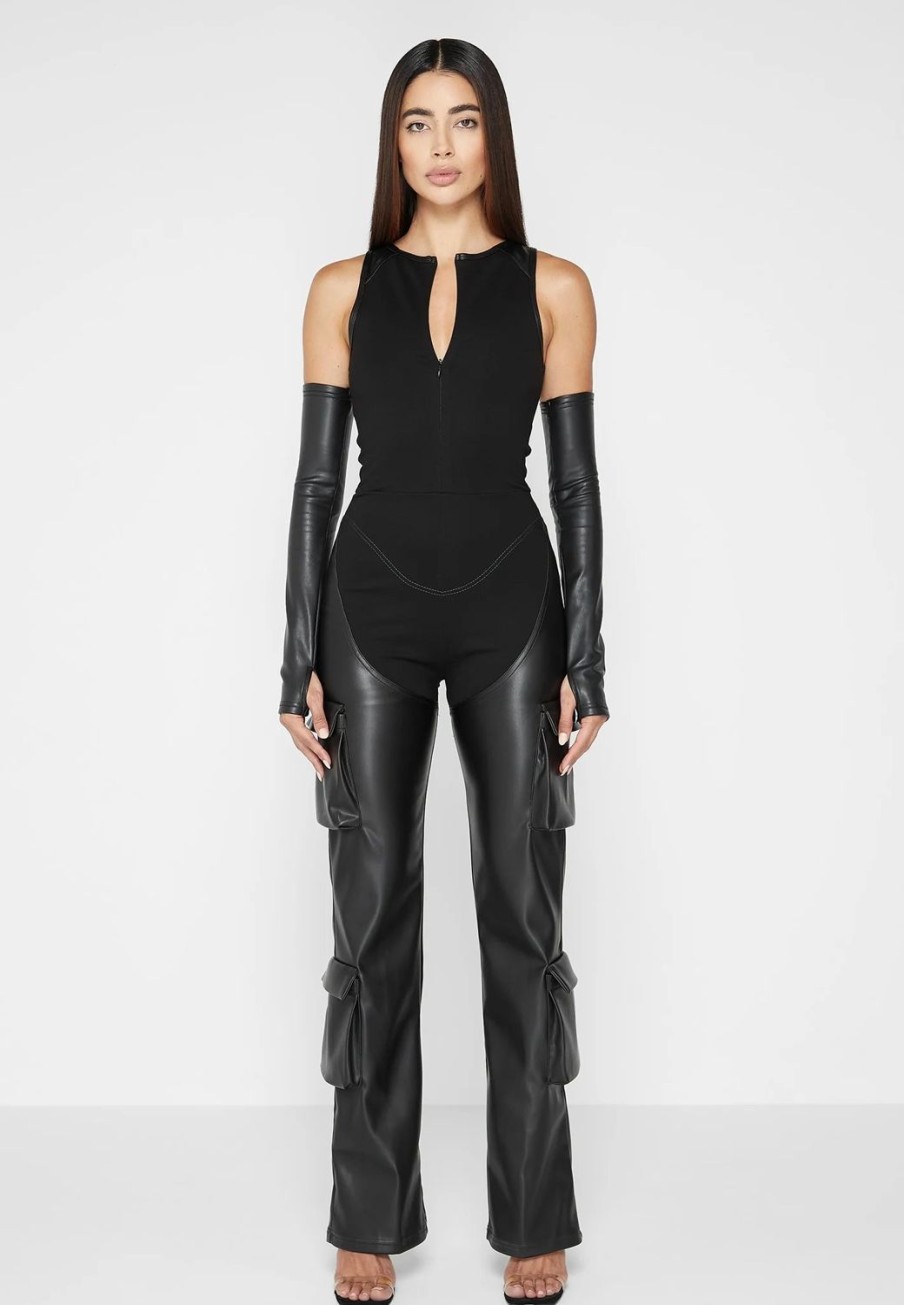 Maniere De Voir Bandage And Vegan Leather Racer Neck Cargo Pocket Jumpsuit | Jumpsuits & Playsuits