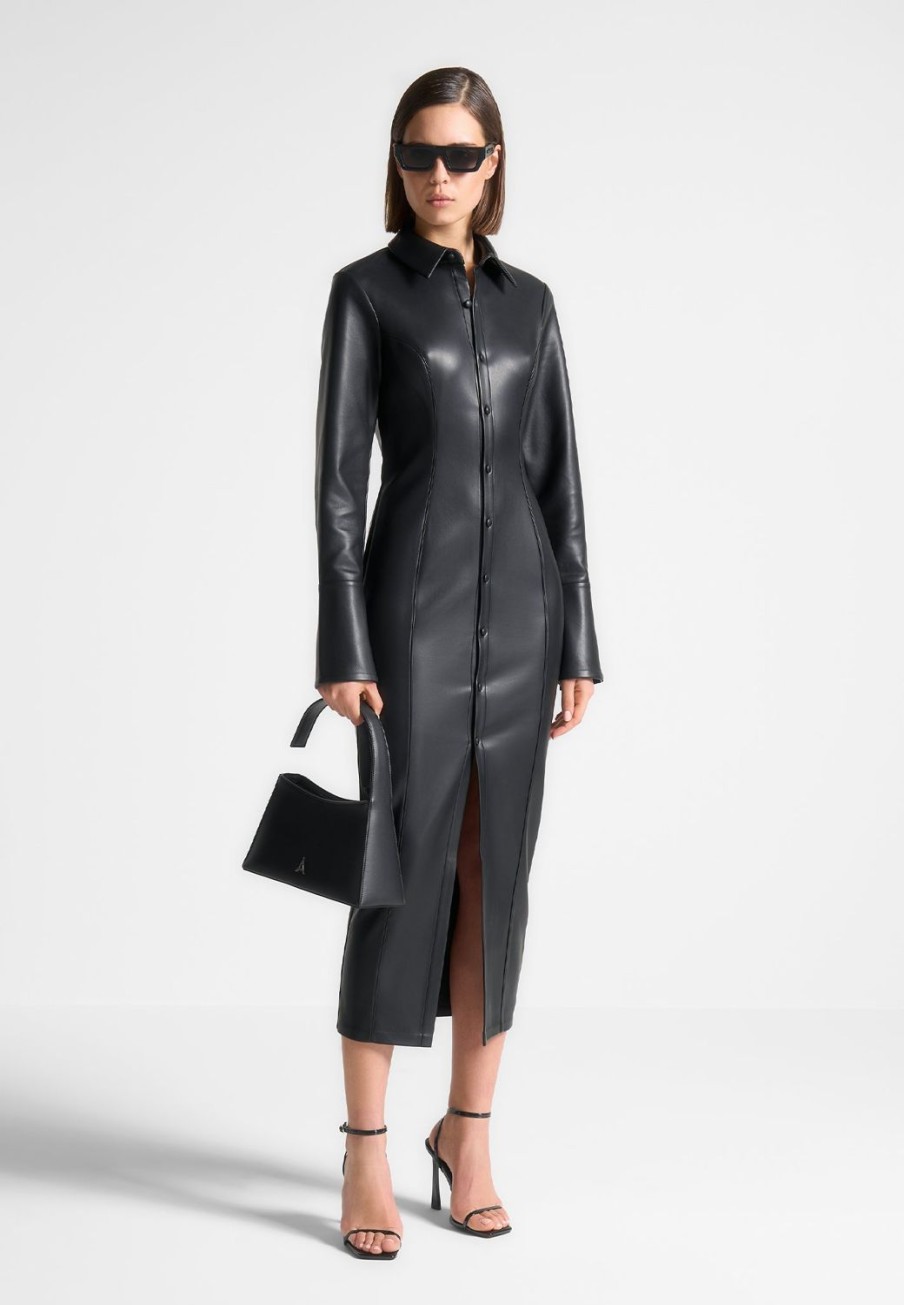 Maniere De Voir Vegan Leather Midaxi Shirt Dress | Dresses