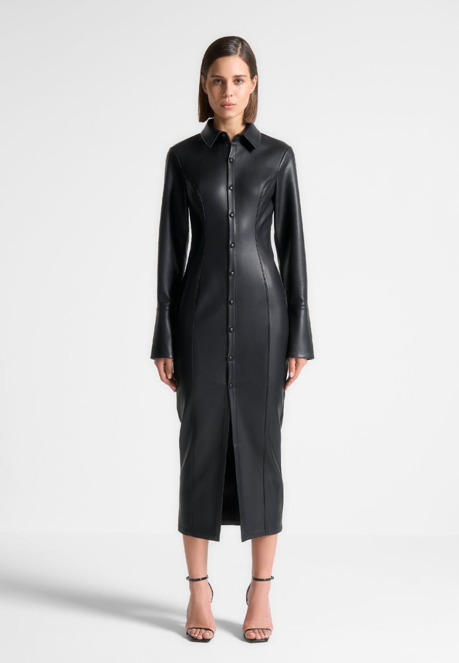 Maniere De Voir Vegan Leather Midaxi Shirt Dress | Dresses