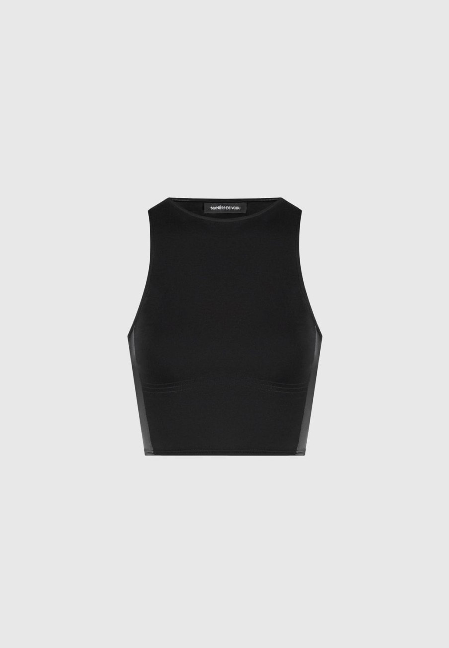 Maniere De Voir Racer Crop Top With Satin Panels | Tops & T Shirts