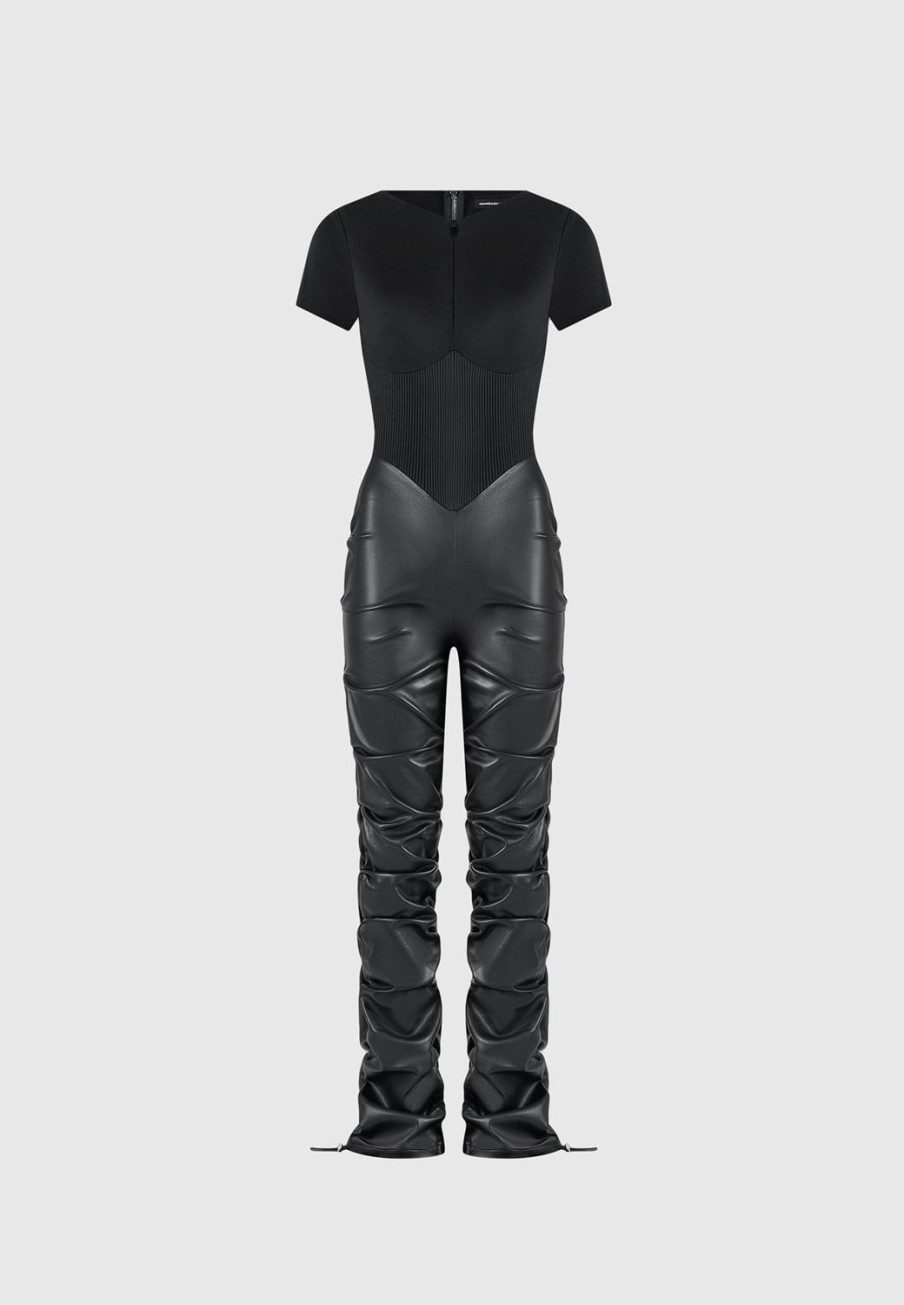 Maniere De Voir Tacked Vegan Leather T-Shirt Jumpsuit | Jumpsuits & Playsuits