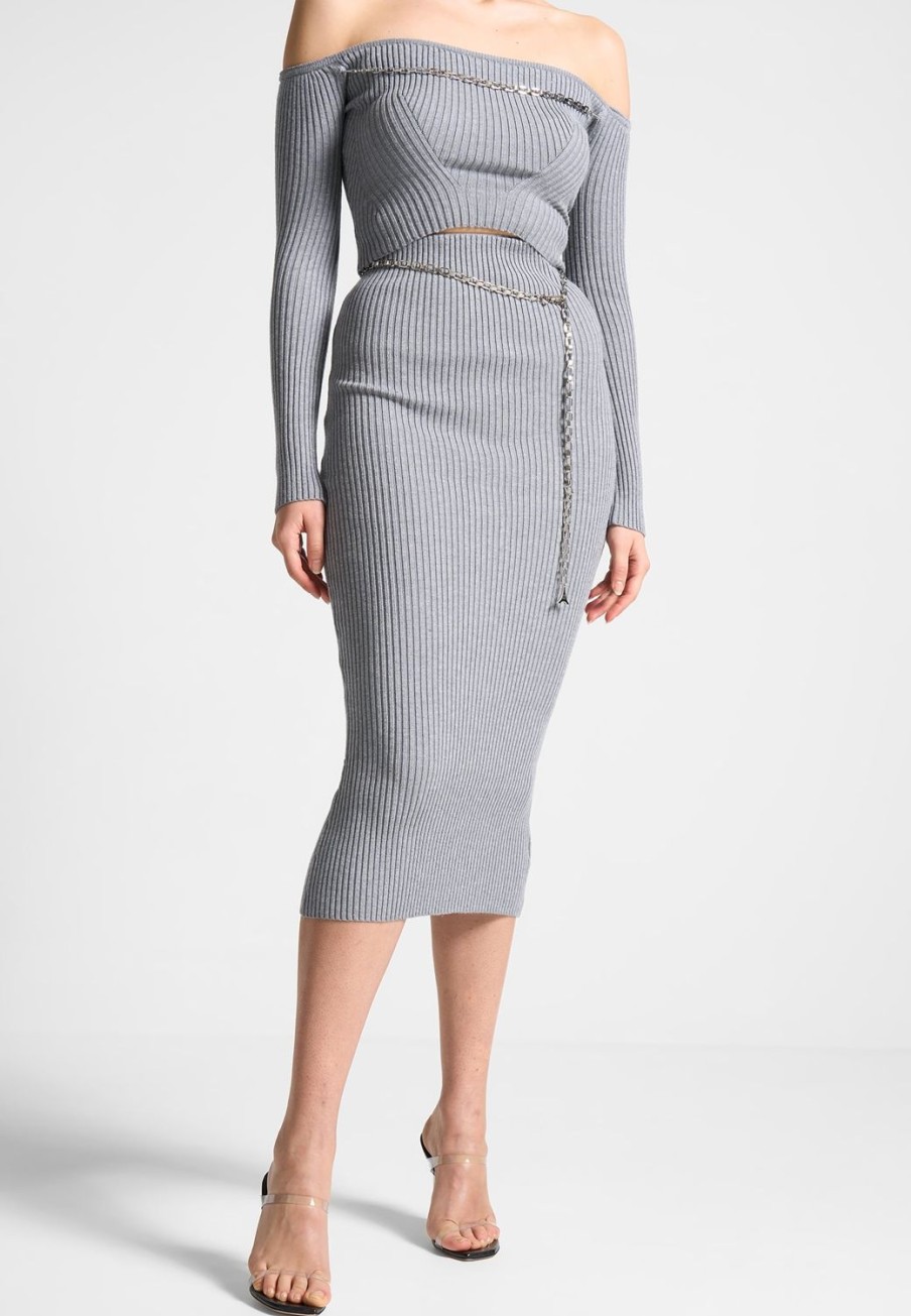 Maniere De Voir Ribbed Knit Midaxi Skirt With Chain Belt | Skirts