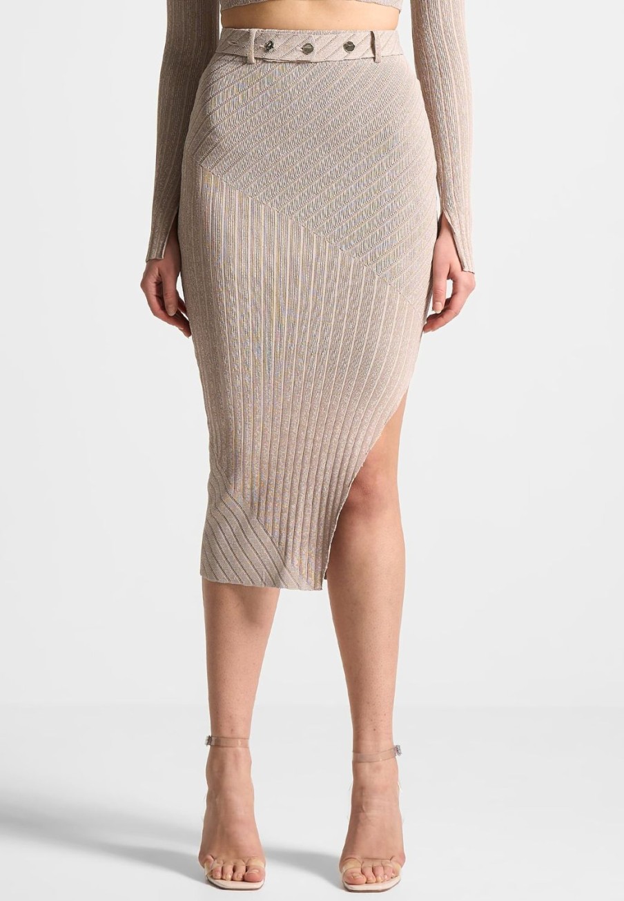 Maniere De Voir Two-Tone Ribbed Knit Midi Skirt With Belt | Matching Sets