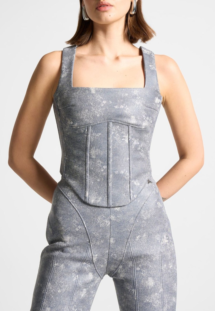 Maniere De Voir Vegan Leather Denim Effect Corset Top | Tops & T Shirts