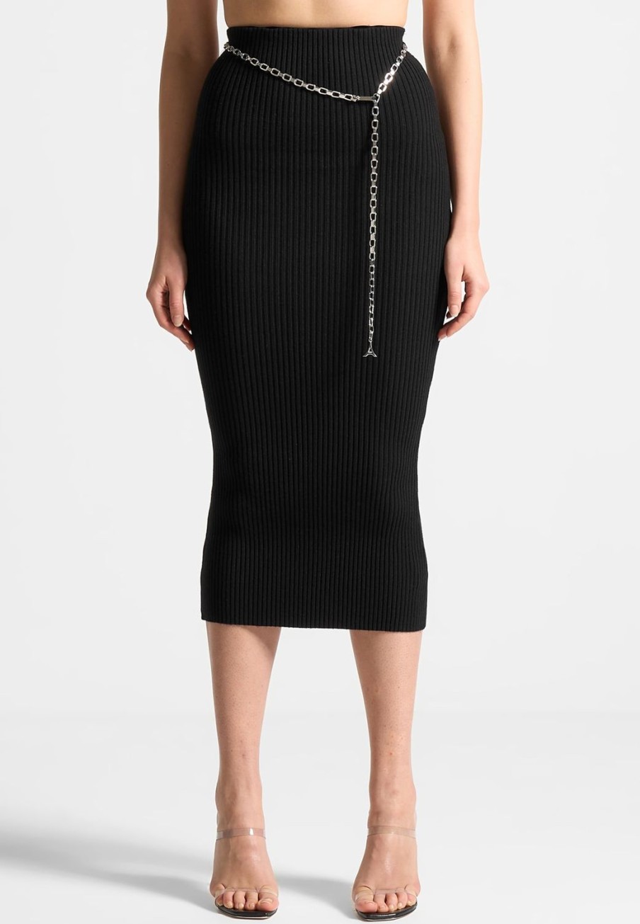 Maniere De Voir Ribbed Knit Midaxi Skirt With Chain Belt | Skirts