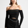 Maniere De Voir Ribbed Knit Bardot Crop Top With Chain | Knitwear