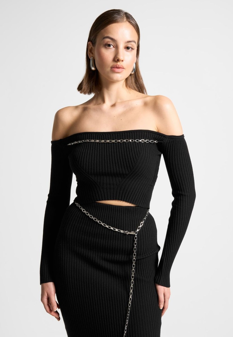 Maniere De Voir Ribbed Knit Bardot Crop Top With Chain | Knitwear