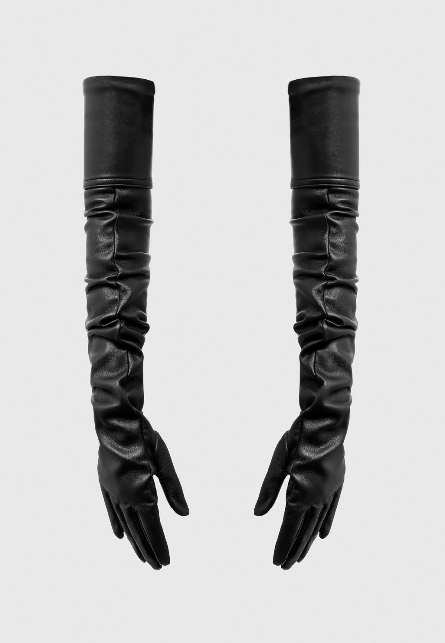 Maniere De Voir Vegan Leather Ruched Long Gloves | Gloves