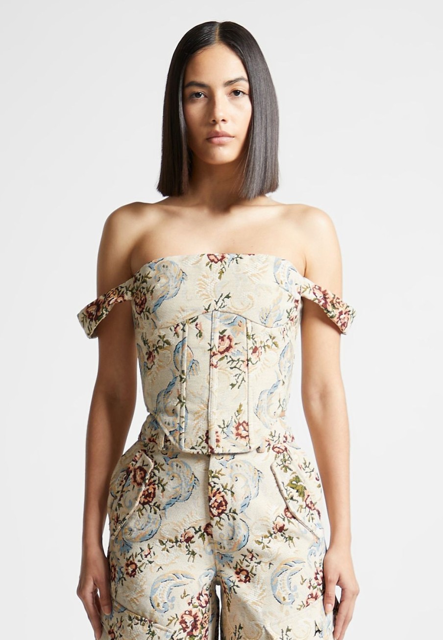 Maniere De Voir Floral Jacquard Bardot Corset Top | Matching Sets