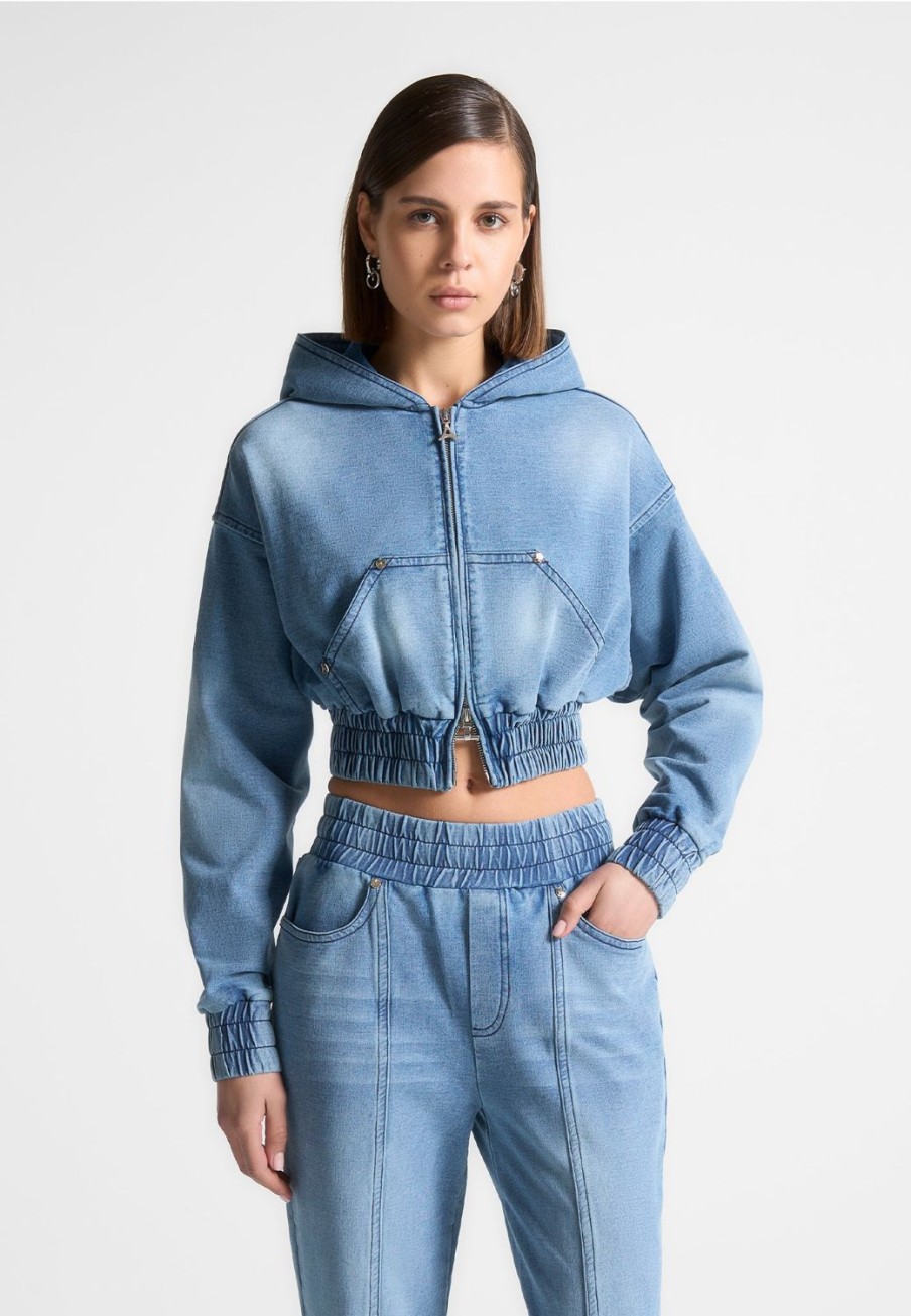 Maniere De Voir Washed Denim Jersey Hoodie | Tracksuits