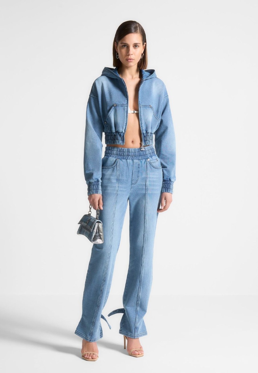 Maniere De Voir Washed Denim Jersey Hoodie | Tracksuits