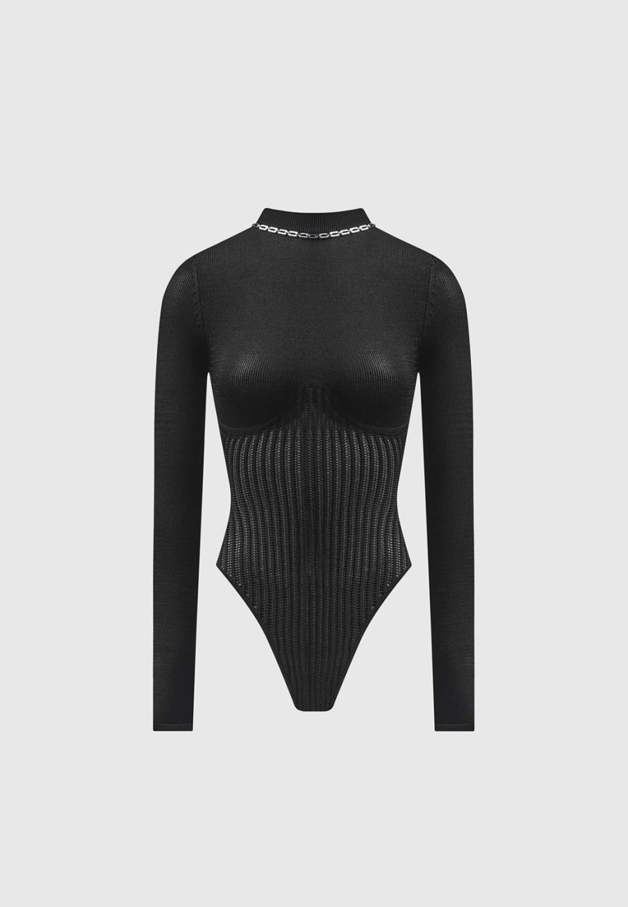 Maniere De Voir Contour Knit Bodysuit With Chain | Bodysuits