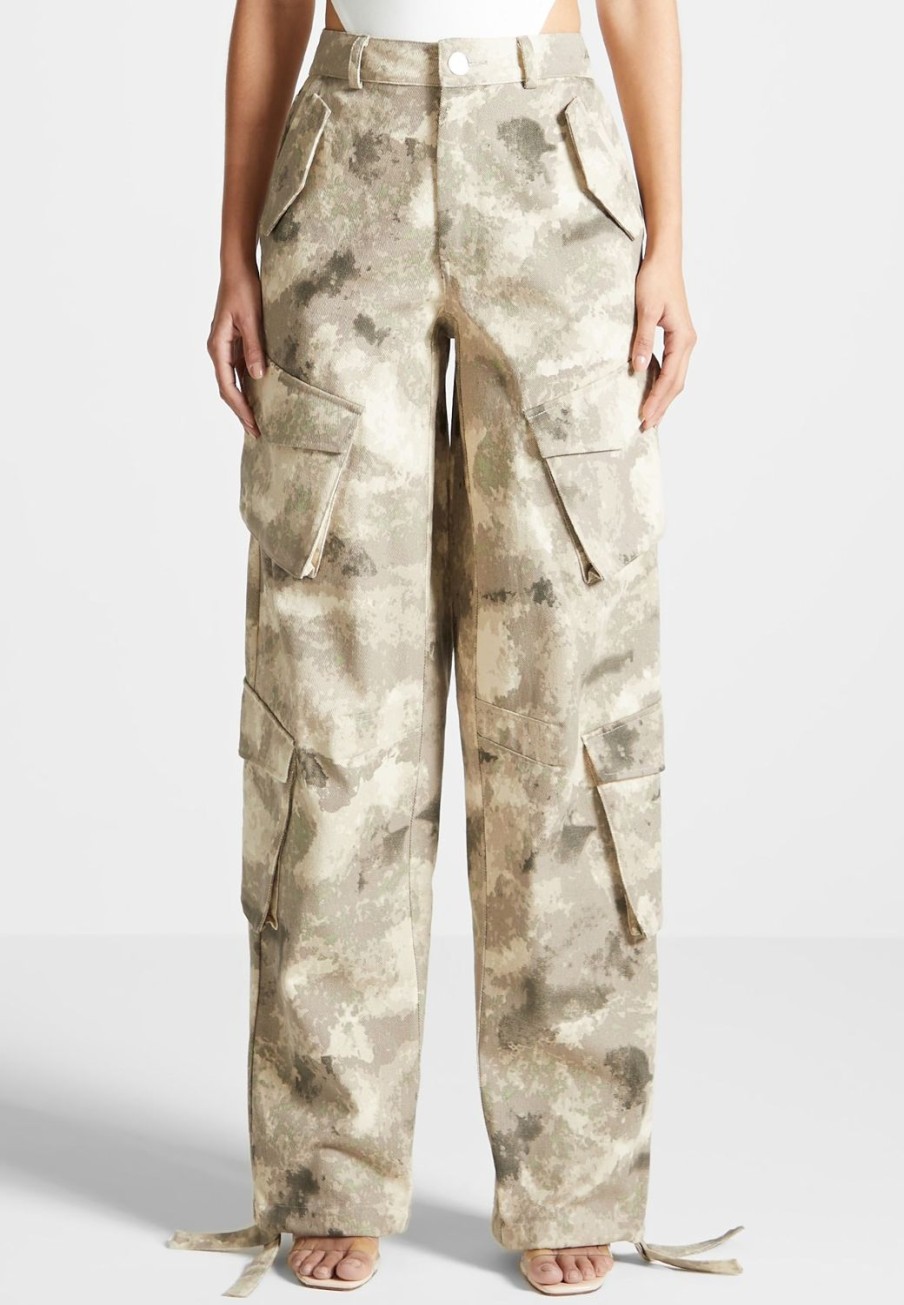 Maniere De Voir High Waisted Camo Cargo Pants - Beige | Cargo Pants & Joggers