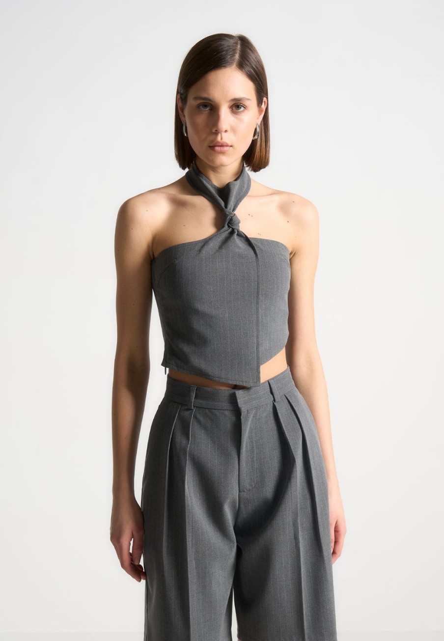 Maniere De Voir Pinstripe Tie Knot Halter Top | Matching Sets