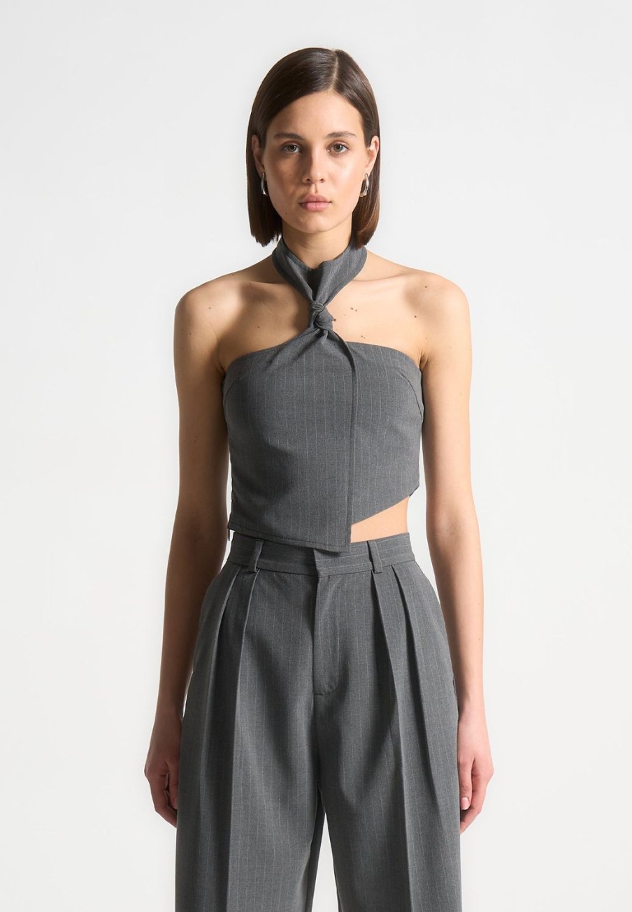 Maniere De Voir Pinstripe Tie Knot Halter Top | Matching Sets