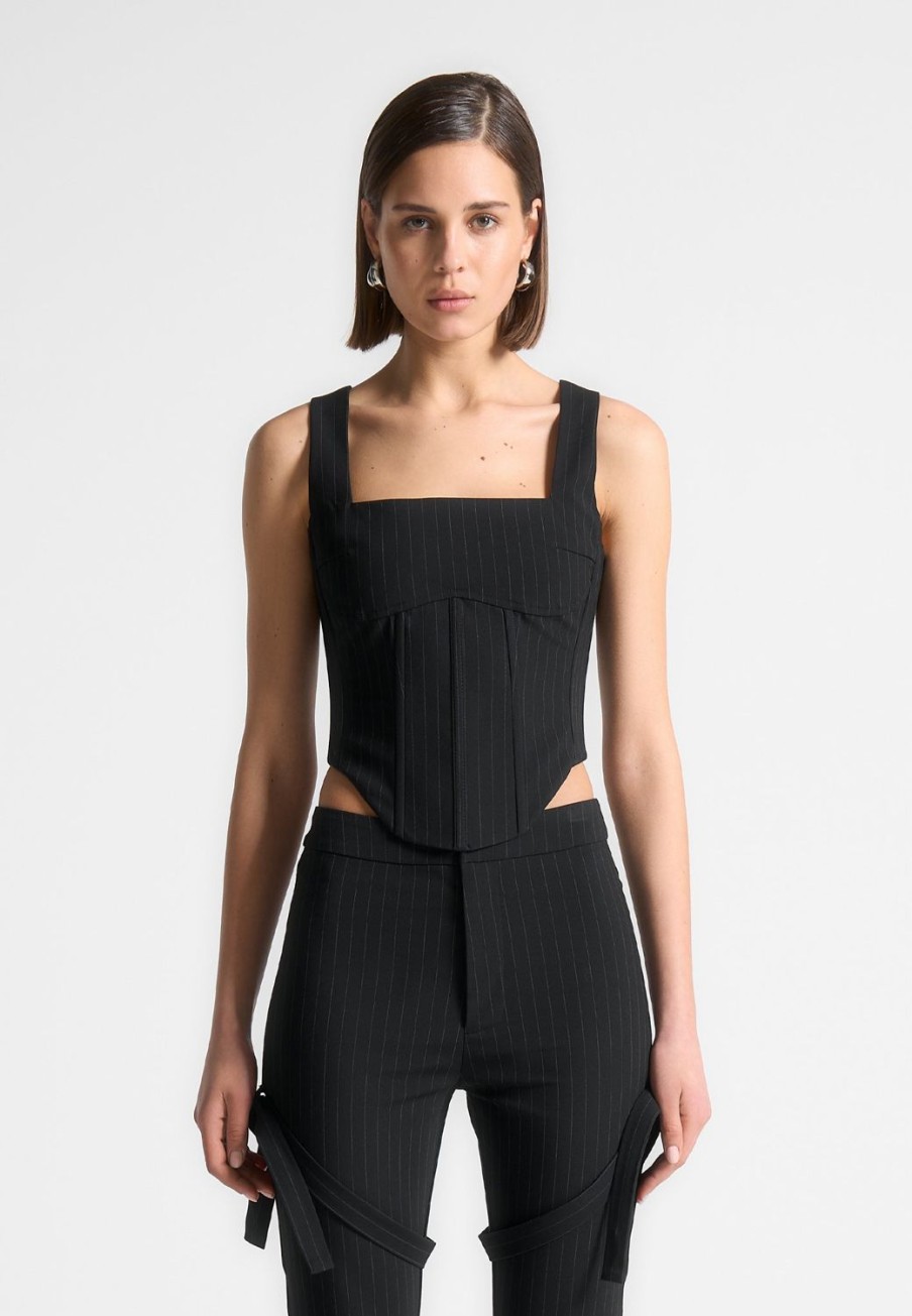 Maniere De Voir Square Neck Pinstripe Corset Top | Matching Sets