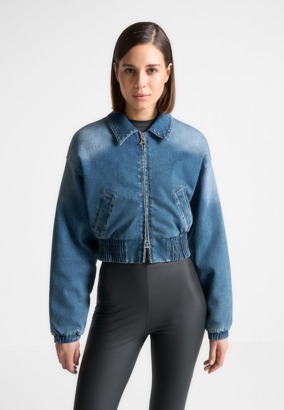 Maniere De Voir Padded Cropped Denim Bomber Jacket | Jackets