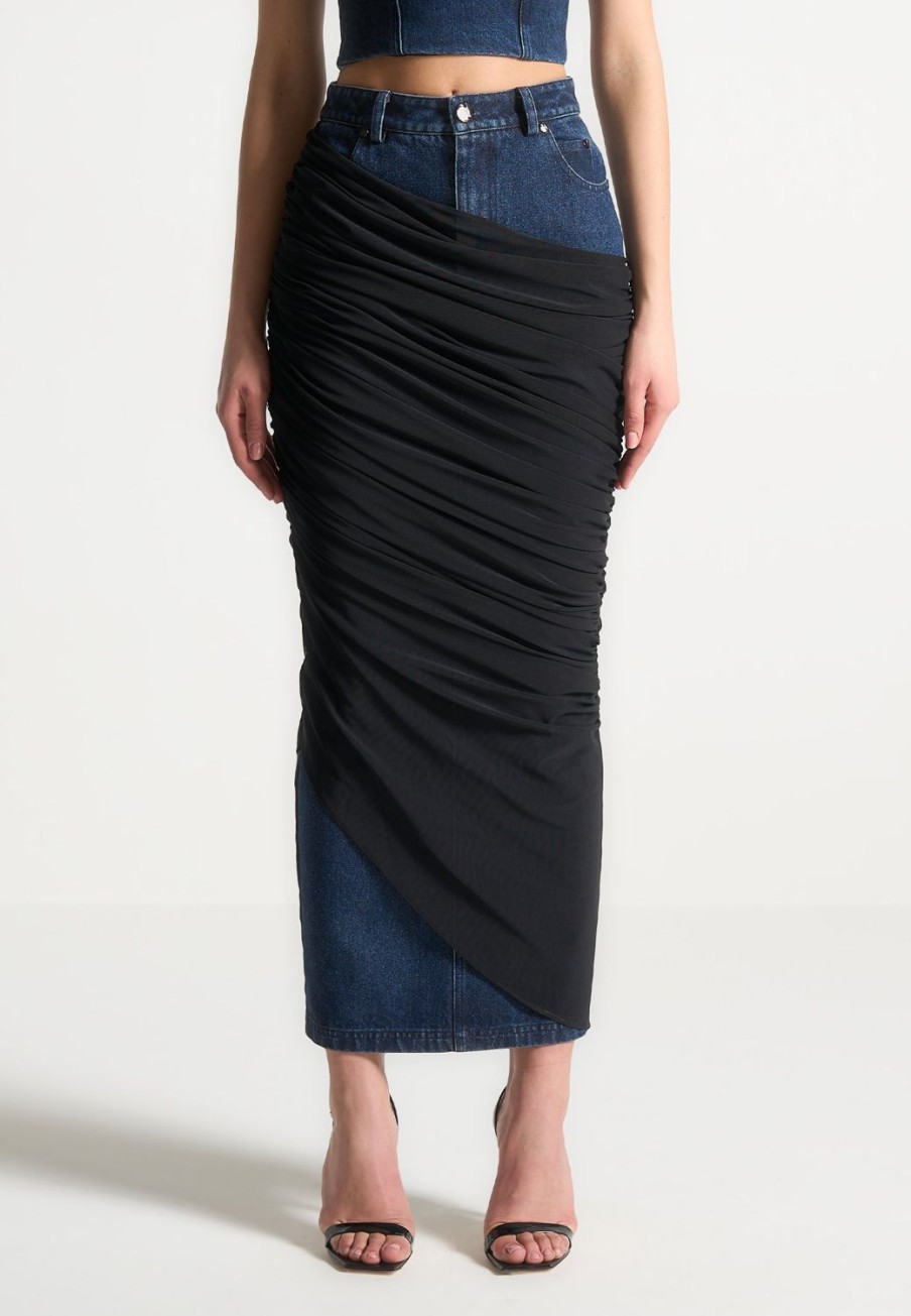 Maniere De Voir Draped Mesh Denim Maxi Skirt | Skirts