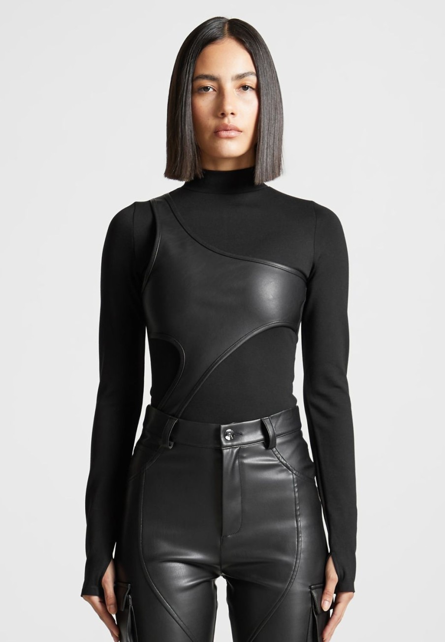 Maniere De Voir Leather Overlay High Neck Bodysuit | Bodysuits