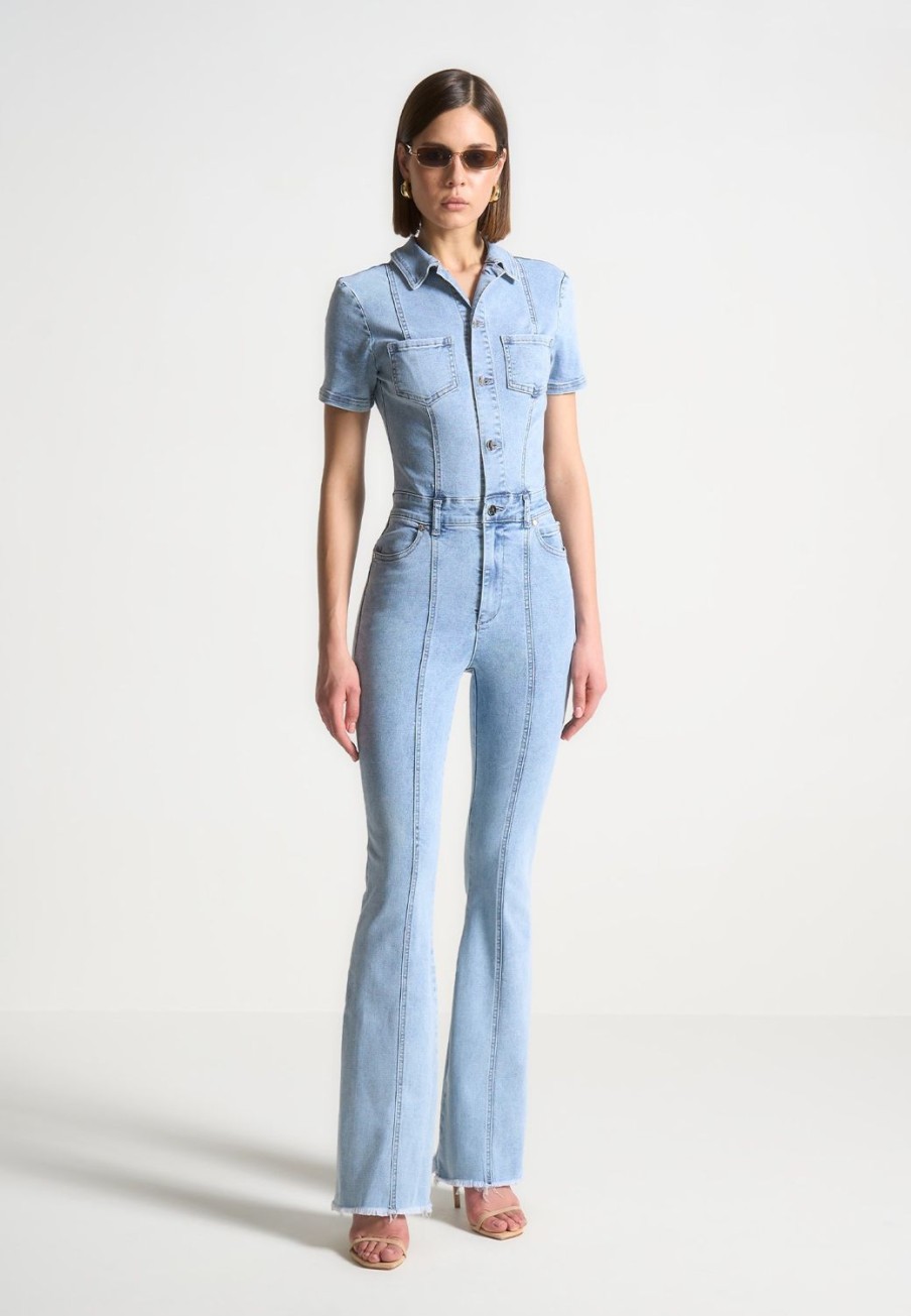 Maniere De Voir Mini Flared Denim Jumpsuit | Jumpsuits & Playsuits