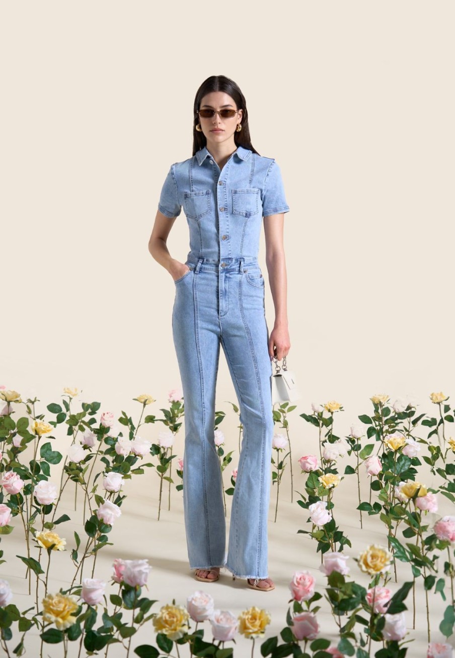 Maniere De Voir Mini Flared Denim Jumpsuit | Jumpsuits & Playsuits