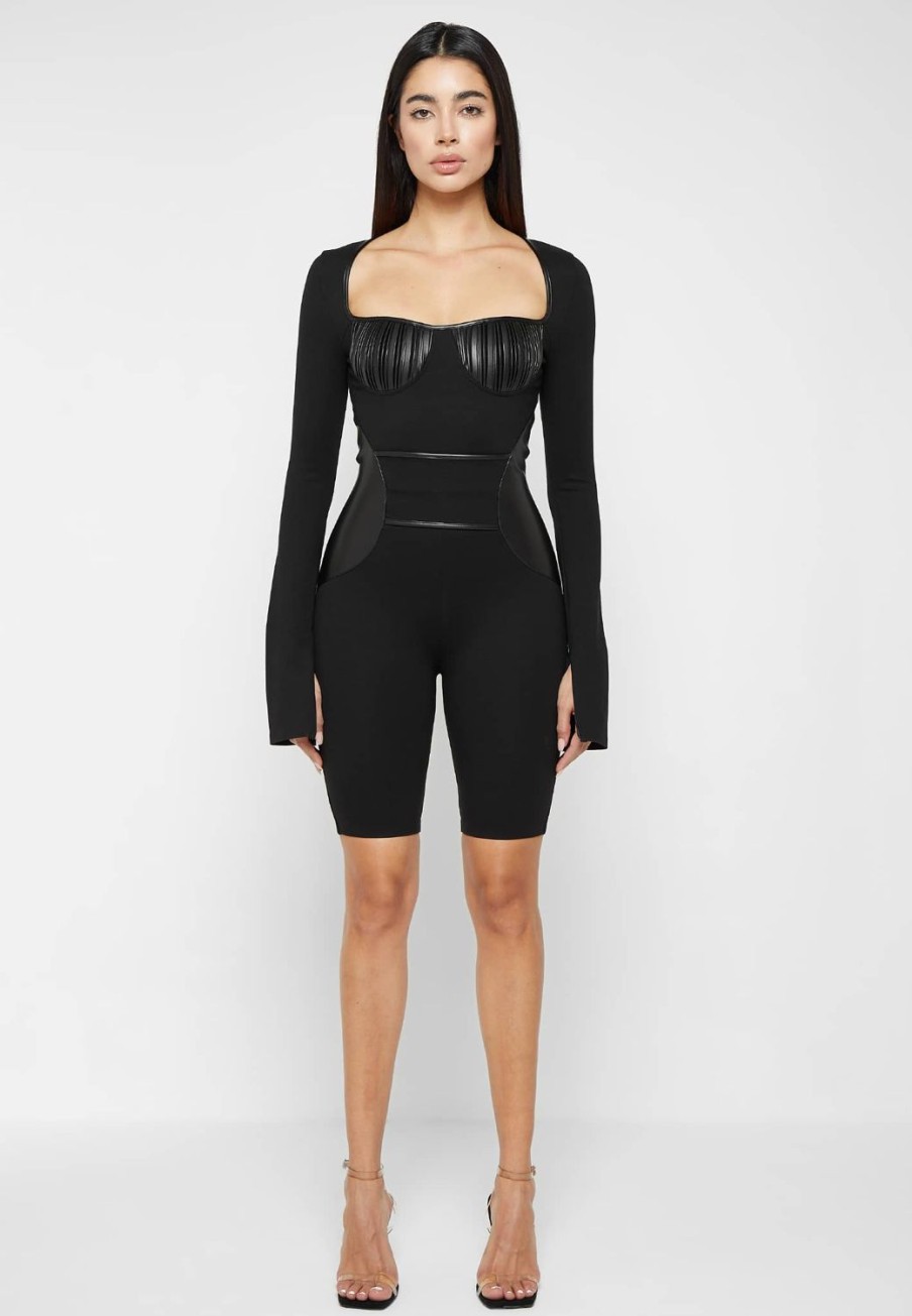 Maniere De Voir Pleated Vegan Leather & Bandage Playsuit | Jumpsuits & Playsuits