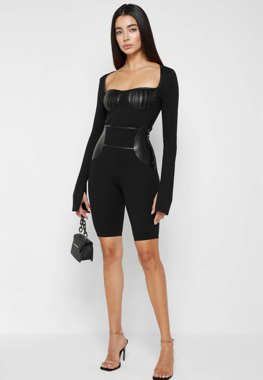 Maniere De Voir Pleated Vegan Leather & Bandage Playsuit | Jumpsuits & Playsuits