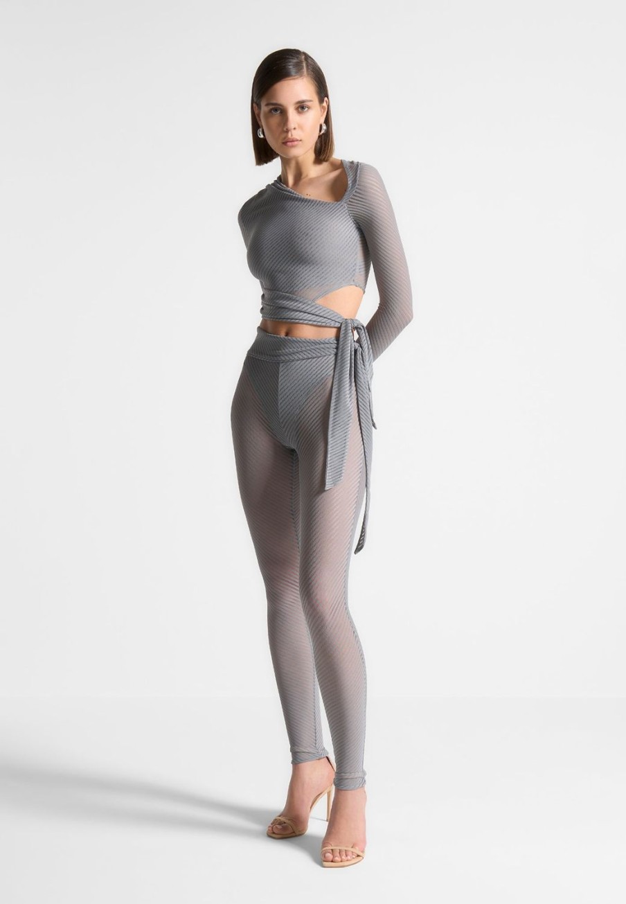 Maniere De Voir Ribbed Sheer Leggings With Tie | Leggings