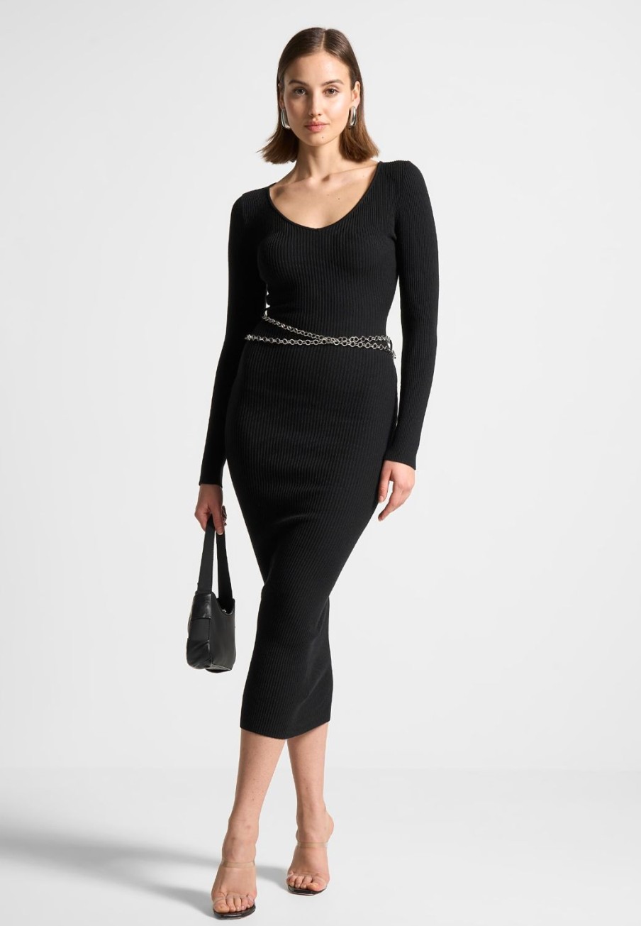 Maniere De Voir Ribbed Knit Midaxi Dress With Chain Belt | Dresses