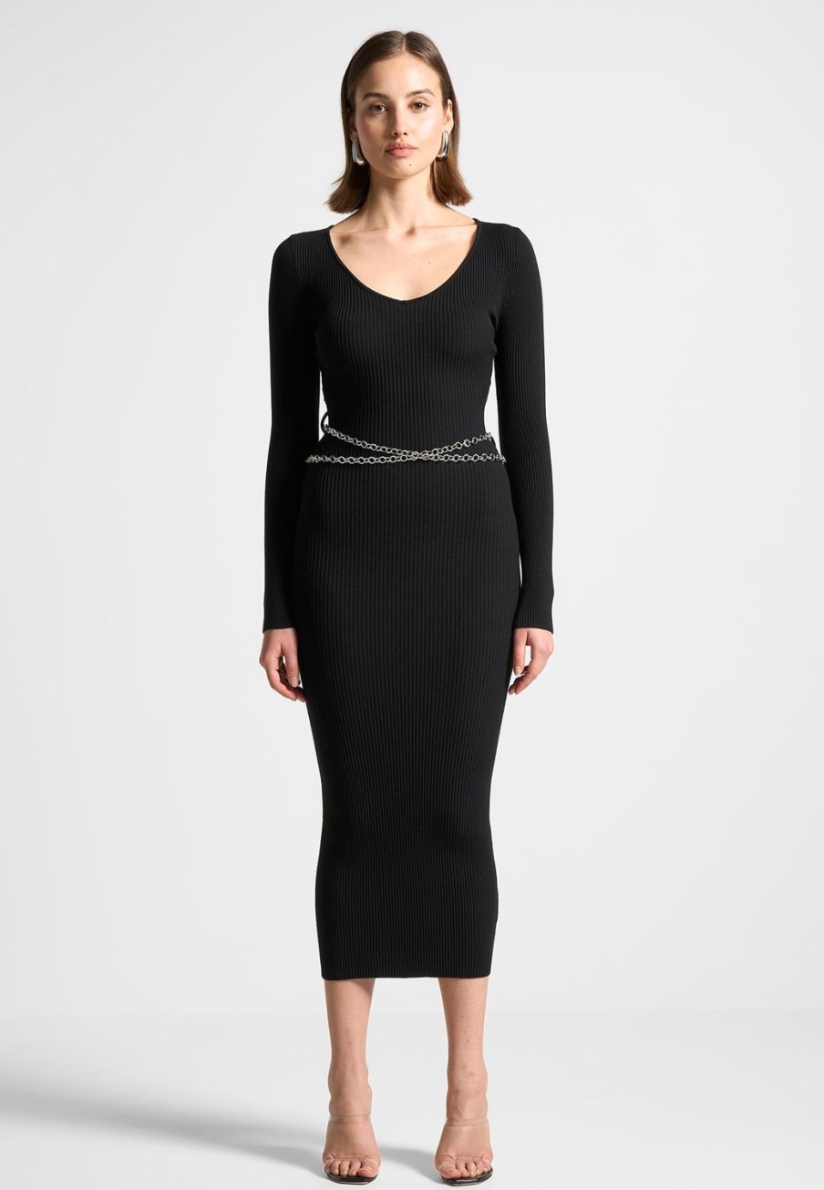 Maniere De Voir Ribbed Knit Midaxi Dress With Chain Belt | Dresses