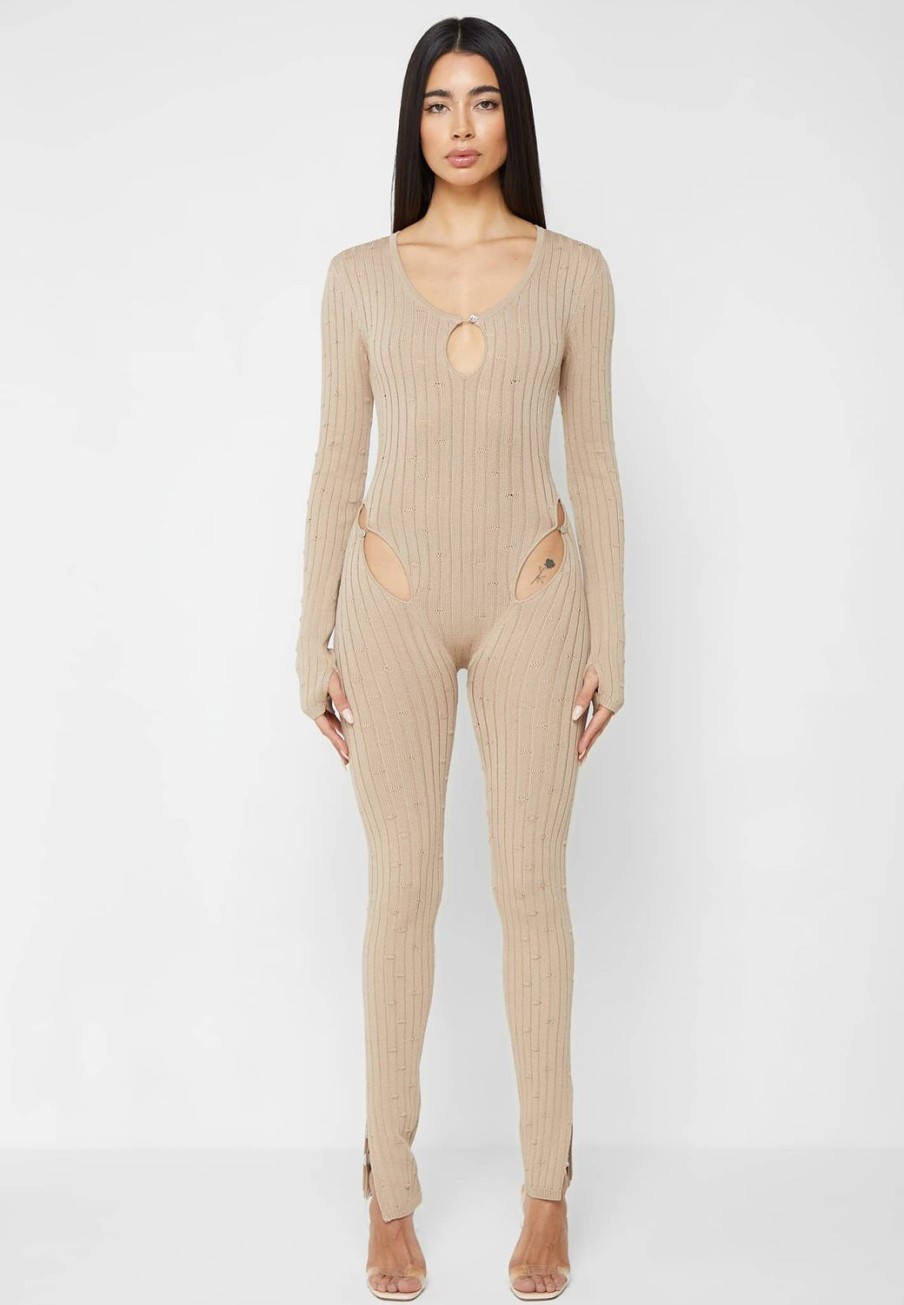 Maniere De Voir Distressed Knitted Cut Out Jumpsuit | Jumpsuits & Playsuits