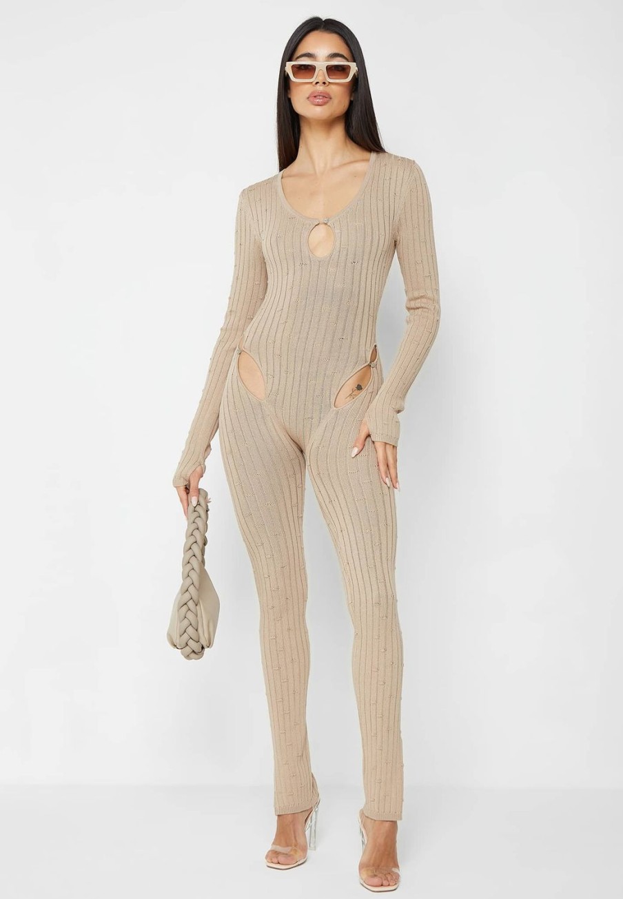 Maniere De Voir Distressed Knitted Cut Out Jumpsuit | Jumpsuits & Playsuits