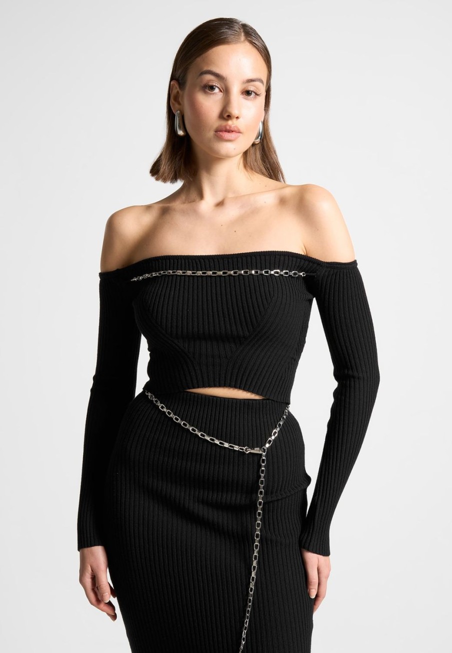 Maniere De Voir Ribbed Knit Bardot Crop Top With Chain | Matching Sets