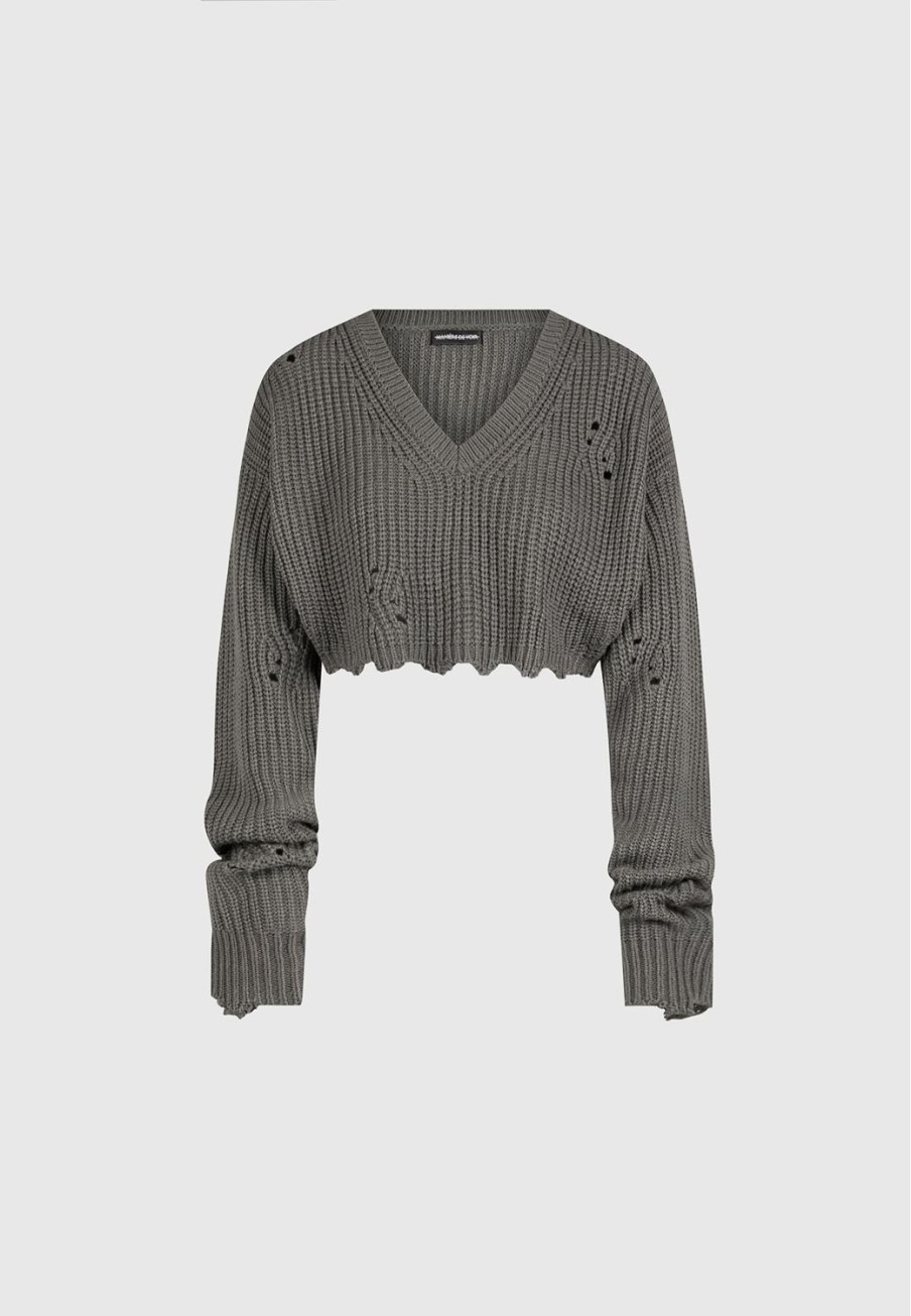 Maniere De Voir Distressed Knit Crop Jumper | Knitwear