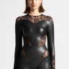 Maniere De Voir Vegan Leather And Lace Contour Bodysuit | Bodysuits