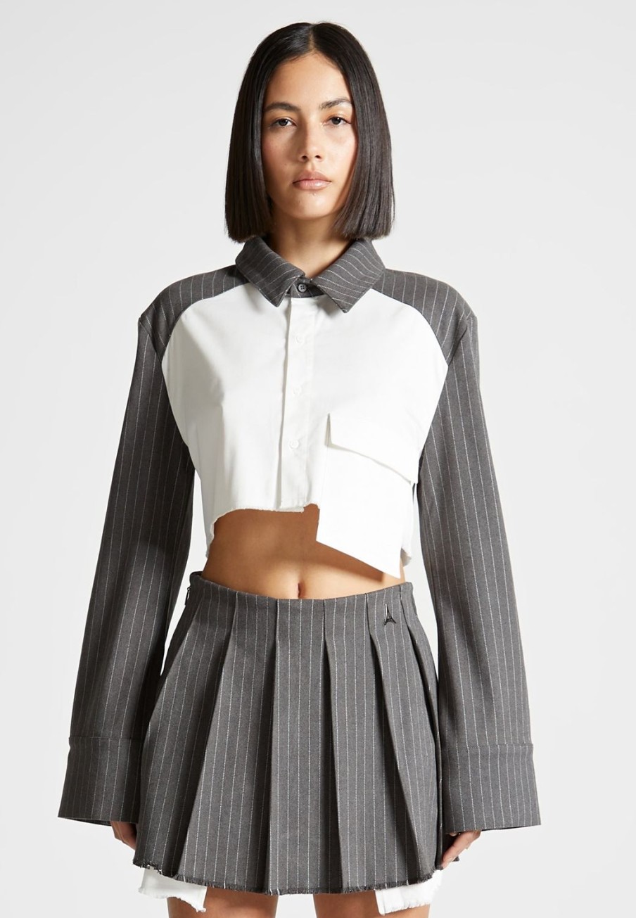 Maniere De Voir Pinstripe Contrast Cropped Shirt - Grey | Matching Sets