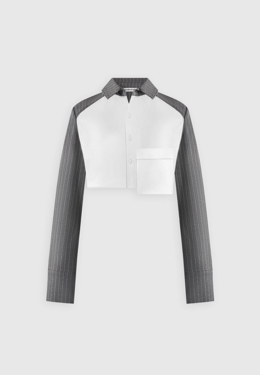 Maniere De Voir Pinstripe Contrast Cropped Shirt - Grey | Matching Sets