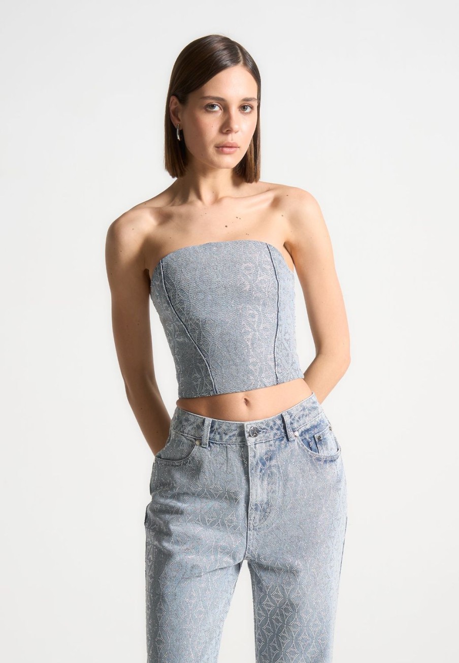 Maniere De Voir Rhinestone Eiffel Denim Bandeau Corset Top | Tops & T Shirts