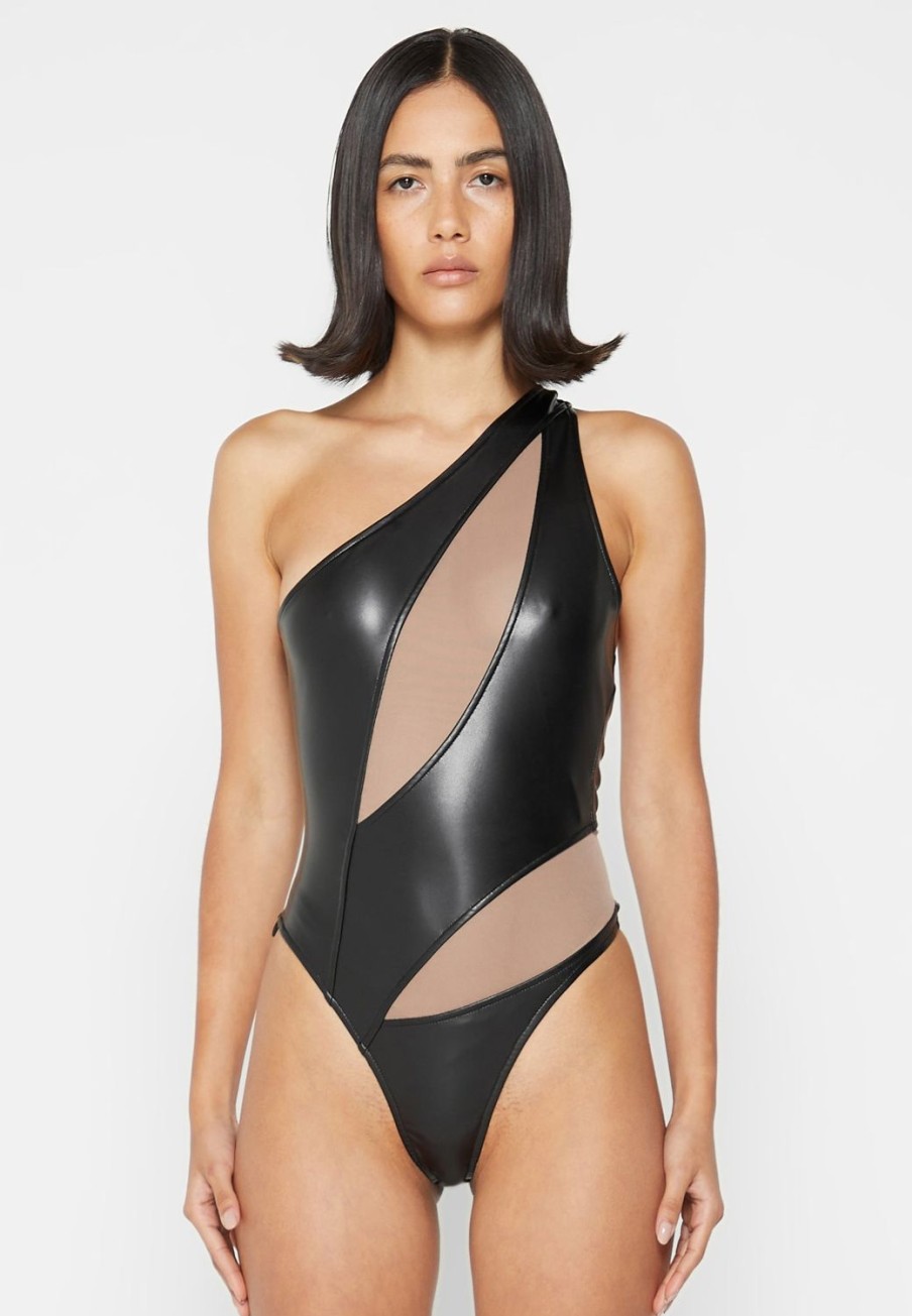 Maniere De Voir Vegan Leather Mesh Contour Bodysuit | Bodysuits