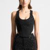 Maniere De Voir Scattered Rhinestone Denim Corset Top | Matching Sets