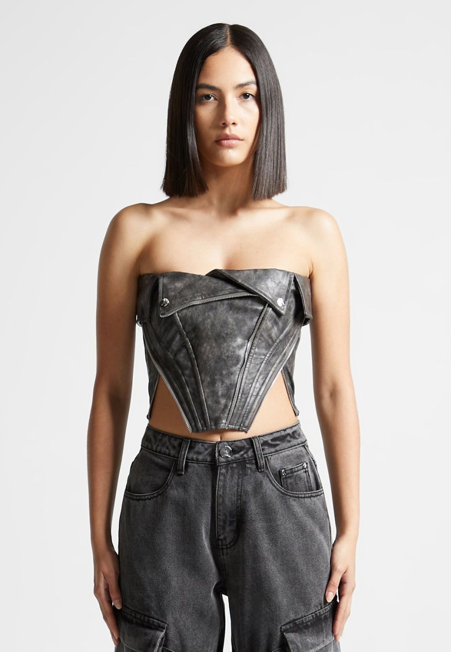 Maniere De Voir Vintage Vegan Leather Biker Corset | Tops & T Shirts