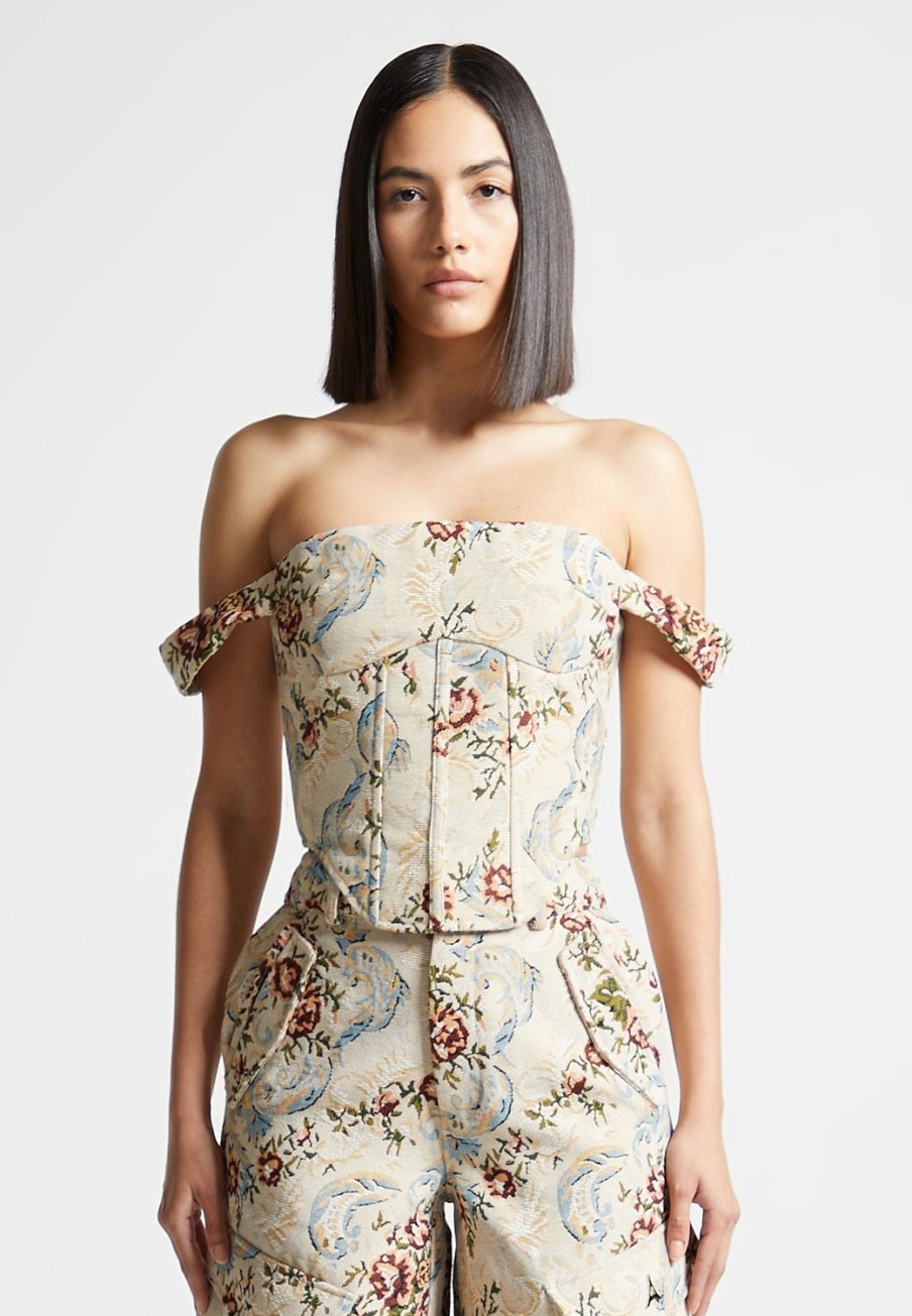 Maniere De Voir Floral Jacquard Bardot Corset Top | Tops & T Shirts